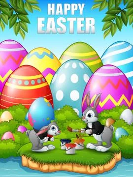 Easter bunnies painting easter egg in the woods near the river Stock Illustration