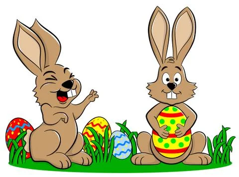 Easter bunnies playing with easter eggs Stock Illustration