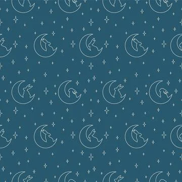 Easter bunnies seamless vector pattern. Blue simple background with moon an.. イラスト素材