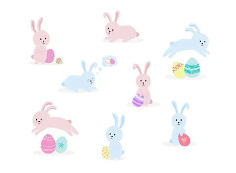 Easter Bunnies Set of Hand Drawn Pink and Blue Rabbits in Different Poses Stock Illustration