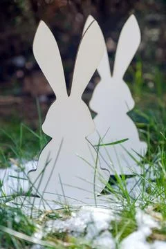 Easter Bunnies in Spring Grass. Two white wooden rabbit cutouts stand amidst Stock Photos