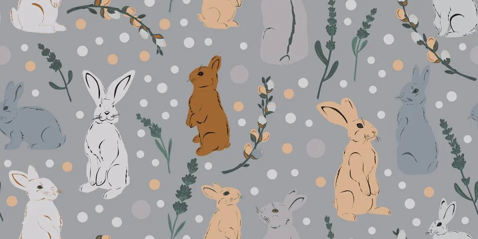 Easter bunnies stylized spring grasses hand drawn vector seamless pattern in Illustrazione stock