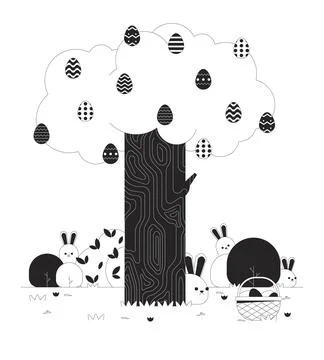 Easter bunnies tree springtime black and white cartoon flat illustration Stock Illustration