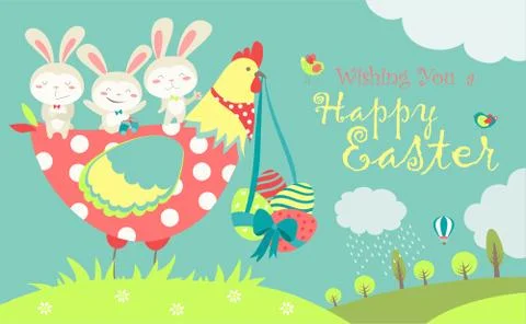 Easter bunnies,chicken and easter eggs Stock Illustration