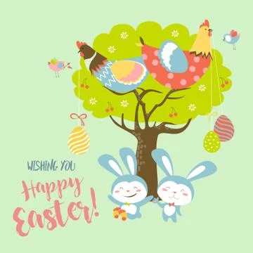 Easter bunnies,chicken and easter eggs Stock Illustration