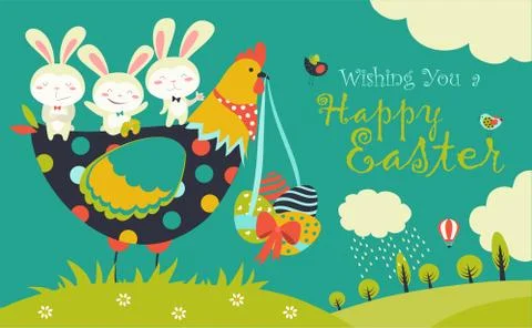 Easter bunnies,chicken and easter eggs Stock Illustration
