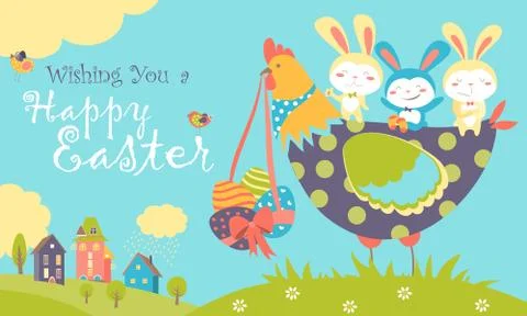 Easter bunnies,chicken and easter eggs Stock Illustration