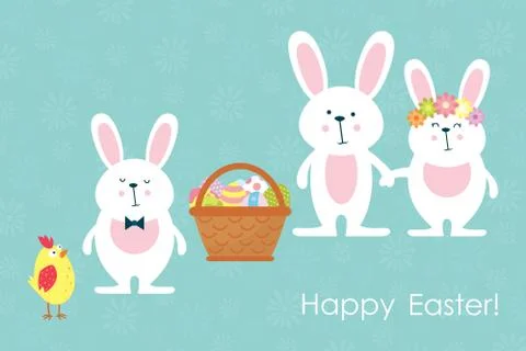 Easter bunnies,chicken and easter eggs. Vector. Stock Illustration