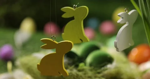 Easter bunny and basket with eggs. Happy easter. Festive wooden decoration Stock Footage 175443536