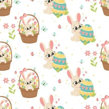 Easter Bunny and Basket Pattern, Hand Drawn Seamless Background for Spring .. Stock Illustration