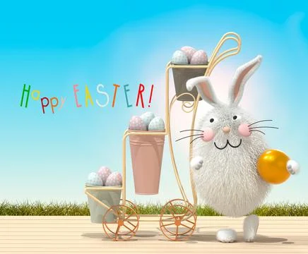 Easter bunny and cart with Easter eggs in buckets Stock Illustration