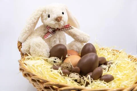 Easter bunny and chocolate Easter eggs - farm products Stock Photos
