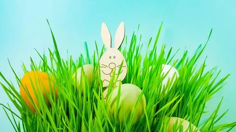 Easter bunny and colored decorated eggs on green real grass on a light backgr Stock Photos