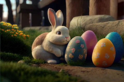 Easter Bunny and Colorful Easter Eggs in Spring Grass Stock Illustration