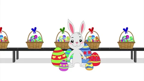 Easter Bunny and coloured eggs with Easter baskets on factory conveyor belt Stock Footage 268760975