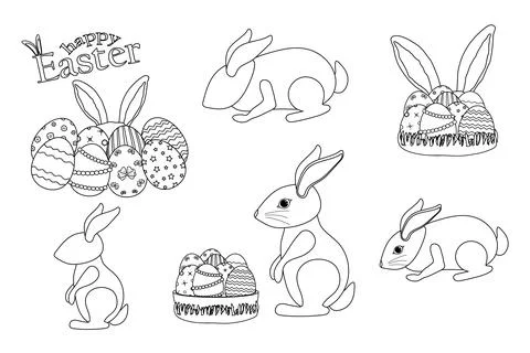 Easter Bunny and Decorated Eggs Coloring Page Set Stock Illustration