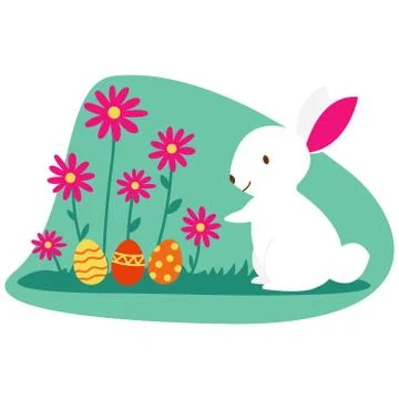 Easter bunny and Easter eggs on green grass. cartoon illustration of cute white Illustrazione stock