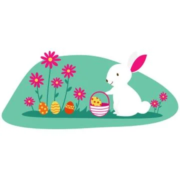 Easter bunny and Easter eggs on green grass. cartoon illustration of cute white Stock Illustration