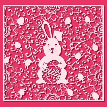 Easter bunny and Easter eggs pattern. White ornamental square card for laser Stock Illustration