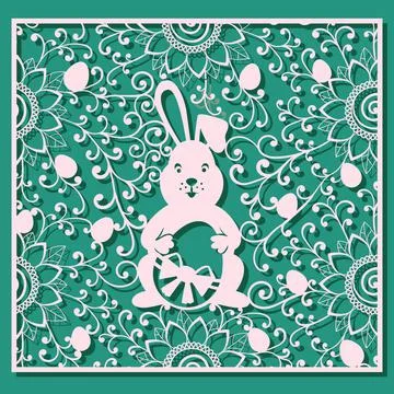 Easter bunny and Easter eggs pattern. White ornamental square card for laser Stock Illustration