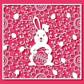 Easter bunny and Easter eggs pattern. White ornamental square card for laser Stock Illustration