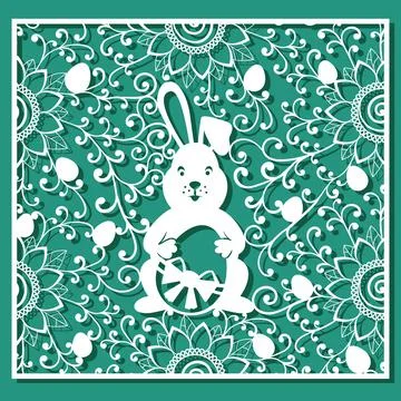 Easter bunny and Easter eggs pattern. White ornamental square card for laser Stock Illustration