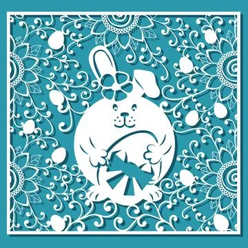 Easter bunny and Easter eggs pattern. White ornamental square card for laser Stock Illustration