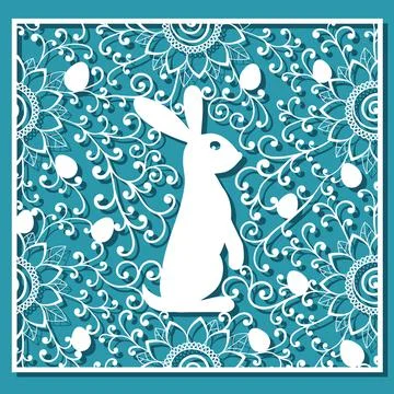 Easter bunny and Easter eggs pattern. White ornamental square card for laser Stock Illustration