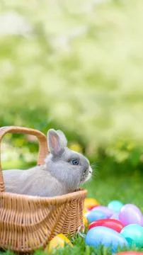 Easter bunny and Easter eggs on spring green grass. Cute rabbit Stock Photos