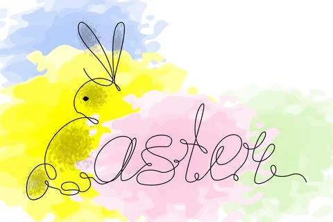 Easter bunny and Easter lettering in one continuous line against vibrant Stock Illustration