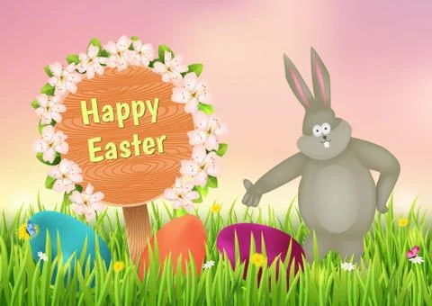 Easter bunny and eggs on the meadow. Stock Illustration