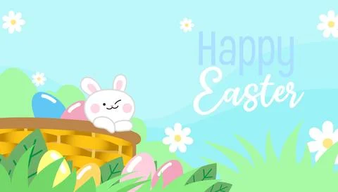 Easter bunny and eggs in a wicker basket in grass Illustrazione stock