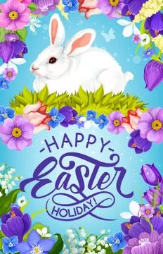 Easter bunny and spring flowers. Religious holiday Stock Illustration