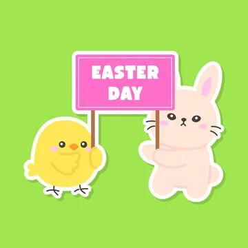 Easter Bunny and Yellow Chick Holding Holiday Sign Stock Illustration
