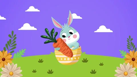 Easter bunny animation sitting in egg holding carrot on grassy field with f.. Stock Footage 334540289