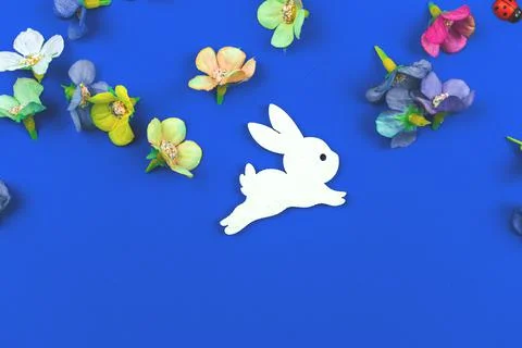 Easter bunny background, flat lay composition with spring flowers on a blue b Stock Photos