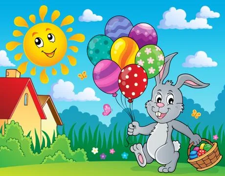 Easter bunny with balloons image Illustrazione stock