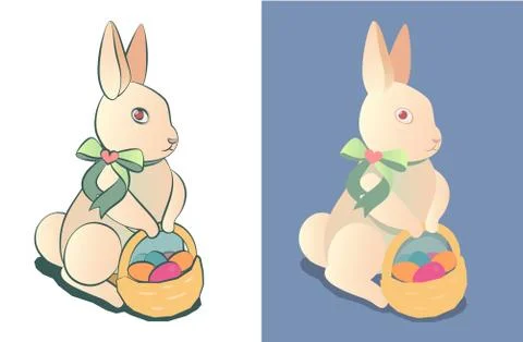 Easter Bunny with a basket of colored Easter eggs. Sticker or design Illustrazione stock