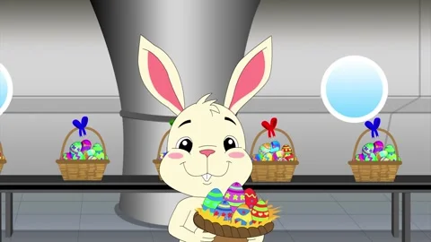 Easter bunny with basket of colourful eggs from a factory Stock Footage 268762789