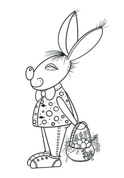Easter bunny with a basket of easter eggs outline for coloring isolated Stock Illustration