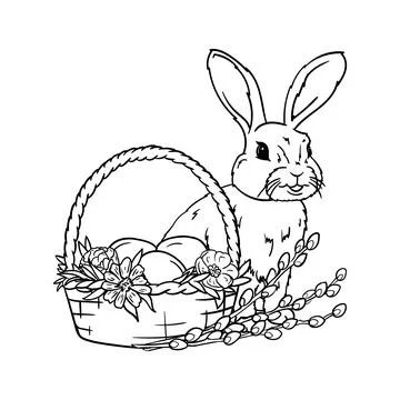 The Easter bunny, basket, eggs, flowers, Coloring Stock Illustration