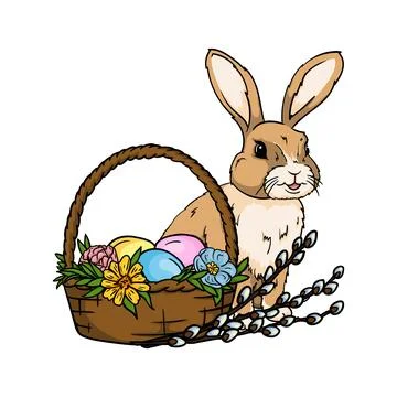 The Easter bunny, basket, eggs, flowers and willow Stock Illustration