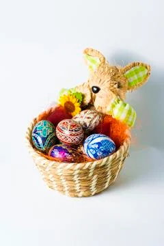 Easter bunny basket with eggs Stock Photos