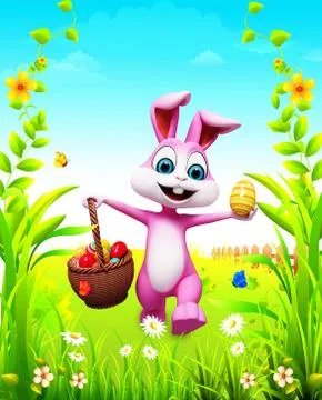 Easter bunny with the basket full of eggs Illustrazione stock