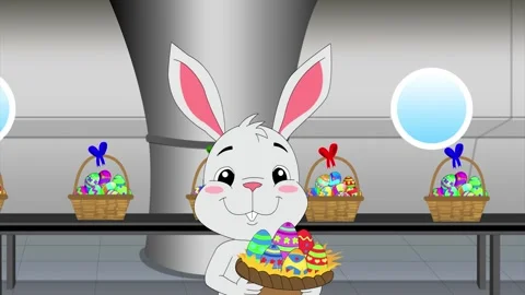 Easter bunny with a basket of gift eggs from a factory Stock Footage 268762784
