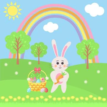 Easter bunny with basket of painted eggs on the meadow. Sunny spring landscap Illustrazione stock