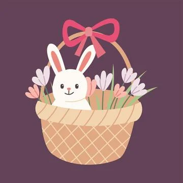Easter bunny in basket vector illustration. Cute flat rabbit with spring flower Stock Illustration