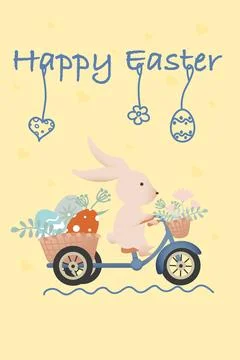 Easter bunny on a bicycle. Basket with Easter eggs. Illustration in retro style Stock Illustration