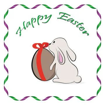 Easter bunny with a big egg with a red bow. Vector illustration. 库存插图