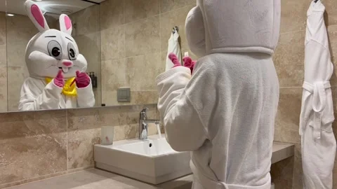 Easter Bunny Brushes Teeth Stock Footage 305383025